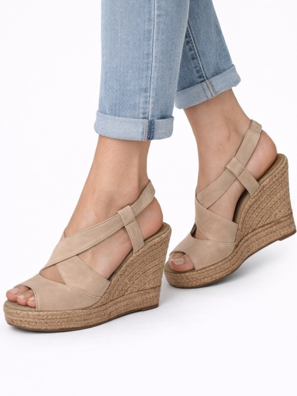 Kanna Espadrille Wedge Sandals Beige Leather Slingback Platform 9/9.5